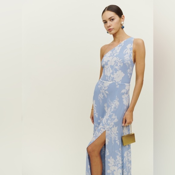 NEW Reformation Evelyn Maxi Dress One Shoulder Side Slit Aliso Blue Floral  sz 4 - Picture 3 of 15